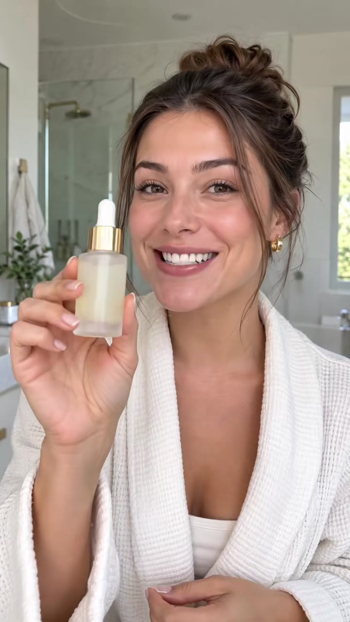 Reklama AI kosmetyki — kobieta prezentuje serum w łazience